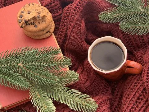 Warm coffee rests in a rustic mug beside a stack of chocolate chip cookies, Stock Photos