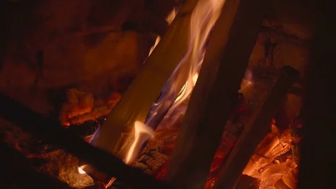 Warm cozy burning fire in a brick fireplace close up Stock Footage 74837095