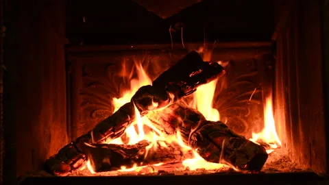Warm cozy burning fire in a brick fireplace, close-up shot 4k Stock-Footage 145932822