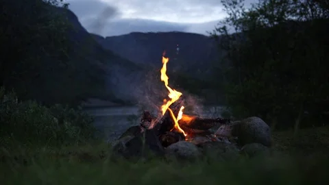 Warm cozy Camp-fire in evening. Bonfire in nature as background. Stock Footage 122578328