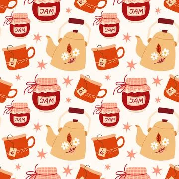 Warm Cozy Fall Seamless Pattern with Teapots Mugs and Jam Jars Stock Illustration