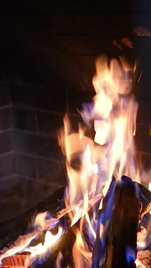 Warm cozy fireplace Heating fire with firewood in chalet. Flames close-up Stock Footage 301615587