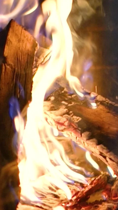 Warm cozy fireplace Heating fire with firewood in chalet. Flames close-up Stock Footage 301615688
