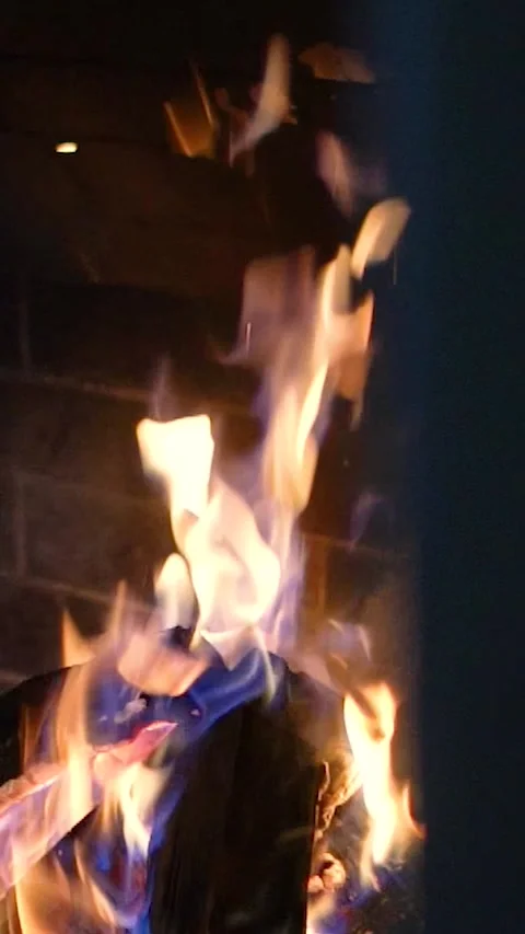 Warm cozy fireplace Heating fire with firewood in chalet. Flames close-up Stock Footage 301615751