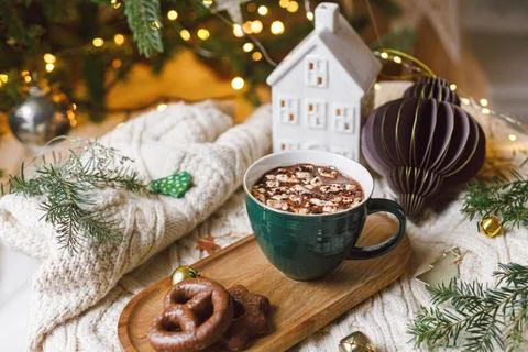 Warm cup of cocoa with marshmallows and chocolate cookies, christmas orname.. Stock Photos