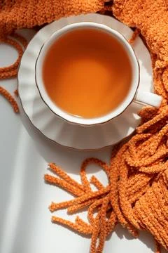 Warm cup of orange tea served in elegant porcelain cup on white saucer with.. Stock Photos