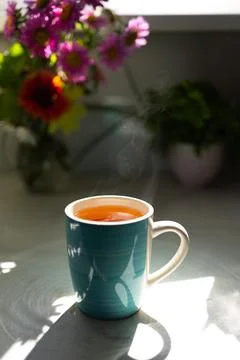 Warm Cup of Tea Placed on Table With Flowers in the Background During Morning Stock Photos
