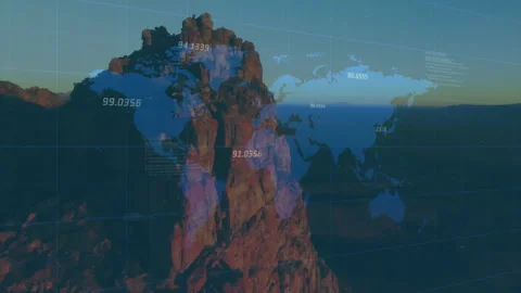 Warm dawn light starting grid layer fading over peak, world map rotating Stock Footage 311698042