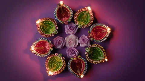 Warm Diwali candlelight shining on table Stock Footage 316689668