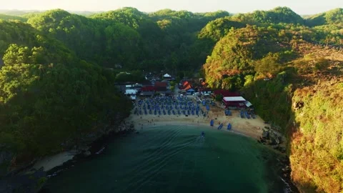 Warm evening light illuminates a secluded coastal cove surrounded by forest.. Stock Footage 341544475