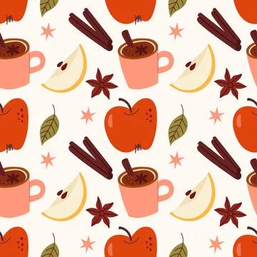 Warm Fall Seamless Pattern with Red Apples Cider and Autumn Spices Stock Illustration