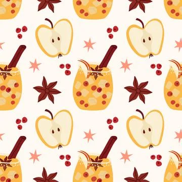 Warm Fall Seamless Pattern with Yellow Apples Cider and Autumn Spices Stock Illustration
