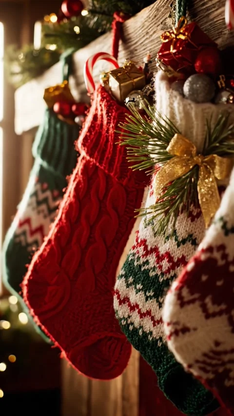 Warm festive interior with knitted Christmas stockings hanging by window, Stock Footage 320023552