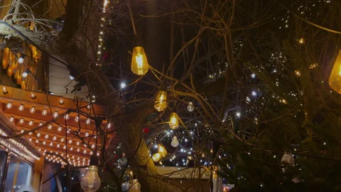 Warm festive string lights decorating outdoor trees at night Stockbeeldmateriaal 334338416