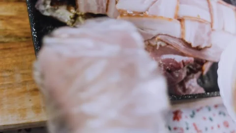 Warm finished dish: showing the browned roast from the oven Stock Footage 342184850
