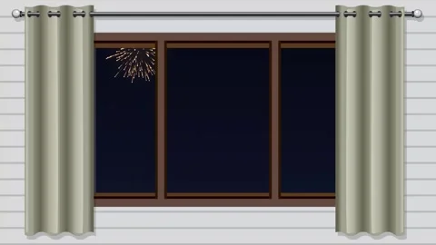Warm Fireworks Display Viewed Through a Modern Interior Window at Night Stock Footage 345301045