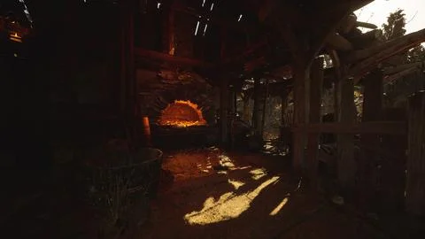 Warm glow of a rustic fireplace inside an abandoned barn at sunset Stock Illustration