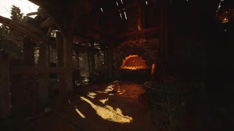 Warm glow of a stone fireplace inside an old, rustic barn during sunset Stock Illustration