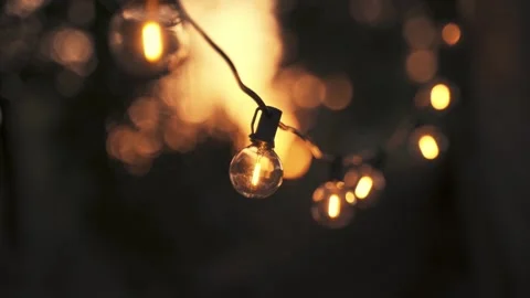Warm Glowing Outdoor String Lights at Night Stock Footage 340376576