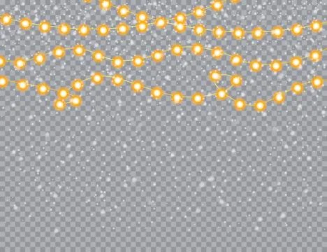 Warm glowing string lights with falling snow isolated on transparent backgrou Stock Illustration