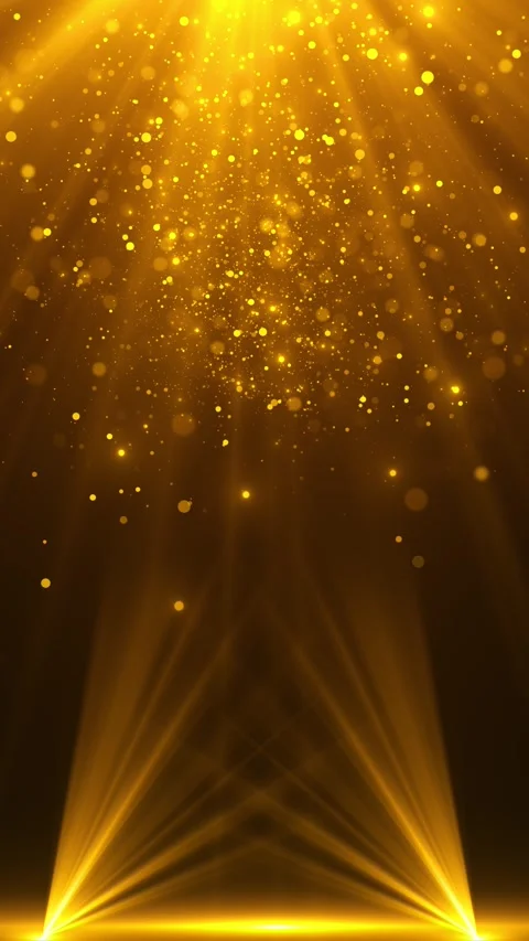 Warm gold event light show twin projector beams, glowing dust, sparkling bokeh, Stock Footage 340452619