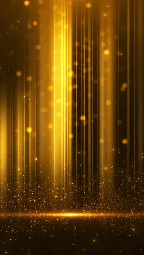 Warm gold light curtain vertical rays, floating glitter, dramatic floor glow. co Stock Footage 340452122