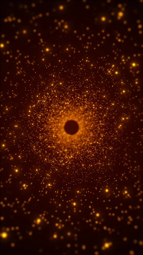 Warm golden dot spiral background glowing circular particles, dark center hole, Stock Footage 340478790