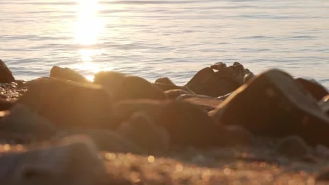 Warm golden sunlight reflects off calm ocean water over rocks. Stock Footage 337405637