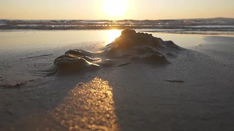 Warm golden sunset rays illuminate wet sand on ocean beach Stock Footage 337410475