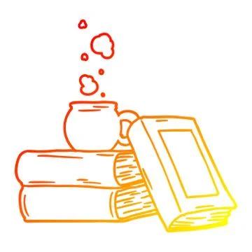 Warm gradient line drawing cartoon coffee cup and study books Stock Illustration