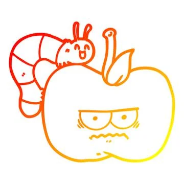 Warm gradient line drawing cartoon grumpy apple and caterpillar Stock Illustration