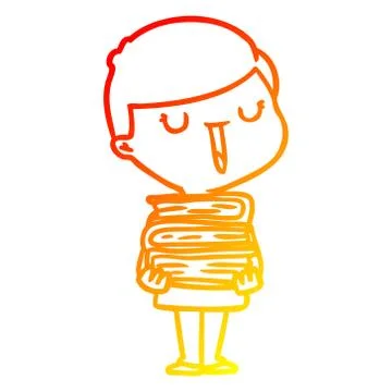 Warm gradient line drawing cartoon happy boy with stack of books Stock Illustration