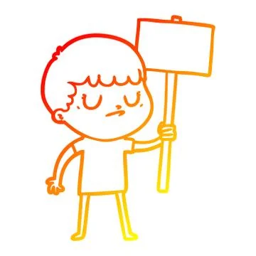 Warm gradient line drawing cartoon grumpy boy with placard Stock Illustration