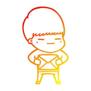 Warm gradient line drawing cartoon smug boy carrying present Stock Illustration