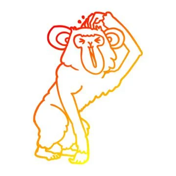 Warm gradient line drawing cartoon chimp scratching head Illustrazione stock