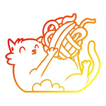 Warm gradient line drawing cartoon cat playing with ball of string Stock Illustration