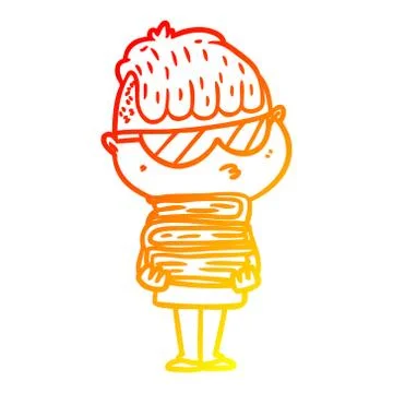 Warm gradient line drawing cartoon boy wearing sunglasses with stack of books Stock Illustration