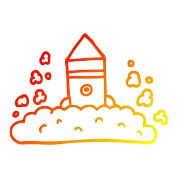 Warm gradient line drawing cartoon rocket launching Stock Illustration