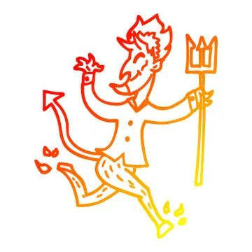 Warm gradient line drawing cartoon devil with pitchfork Stock Illustration