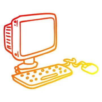 Warm gradient line drawing cartoon office computer Stock Illustration