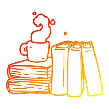 Warm gradient line drawing cartoon coffee cup and study books Stock Illustration