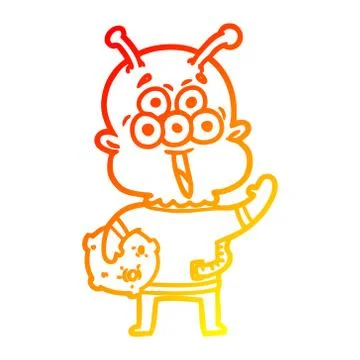 Warm gradient line drawing happy cartoon alien with moon rock Ilustração Stock