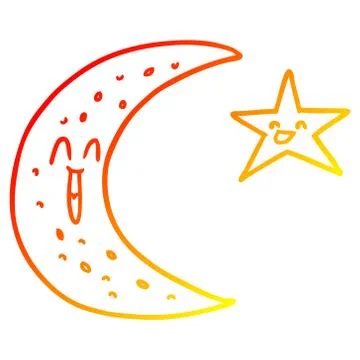 Warm gradient line drawing happy cartoon moon and star Ilustração Stock