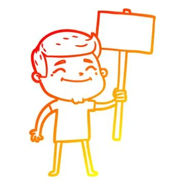 Warm gradient line drawing happy cartoon man with placard Stock Illustration