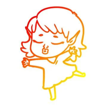 Warm gradient line drawing pretty cartoon elf girl dancing Stock Illustration