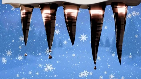Warm highlights hitting row of five icicles, droplets forming, detaching, Stock Footage 340675049