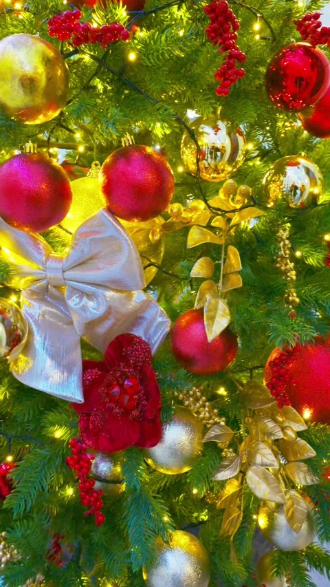 Warm holiday background with decorated pine branches and twinkling lights Stock Footage 331213291