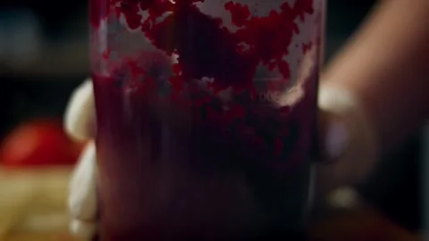 Warm immersion blender smoothing roasted beetroot in top view, 4K Stock Footage 341111455