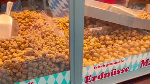 Warm Indoor Roasted Nuts Display at Okrtoberfest Munich, Static Shot Stock Footage 341232379