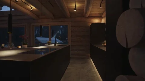 Warm interior lighting illuminates a contemporary kitchen inside a cozy wooden Stock Footage 335786185
